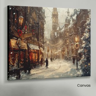 Victorian Christmas Market: Snowy Street with Festive Lights and Decorations Art Print