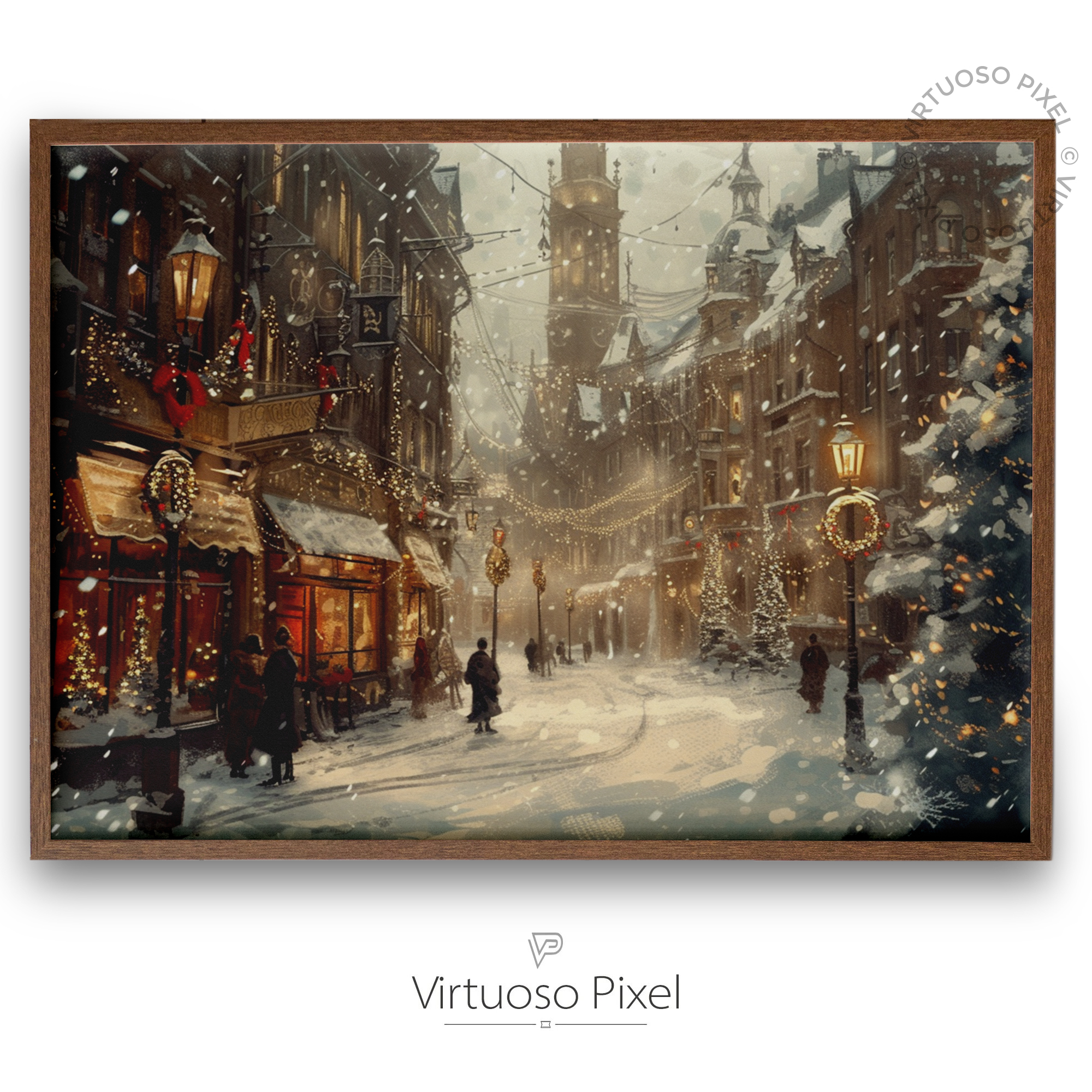 Victorian Christmas Market: Snowy Street with Festive Lights and Decorations Art Print
