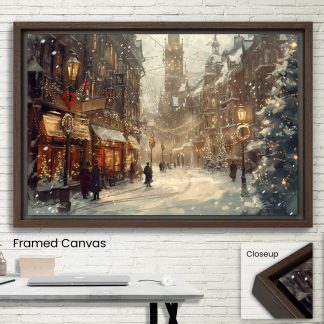 Victorian Christmas Market: Snowy Street with Festive Lights and Decorations Art Print