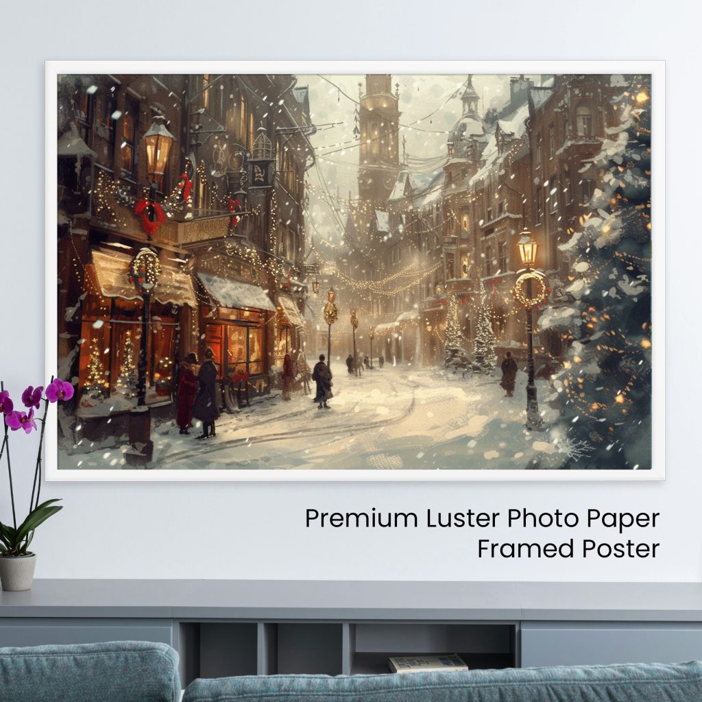 Victorian Christmas Market: Snowy Street with Festive Lights and Decorations Art Print