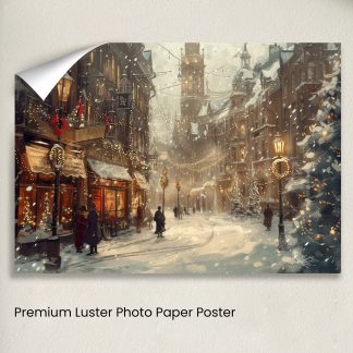 Victorian Christmas Market: Snowy Street with Festive Lights and Decorations Art Print