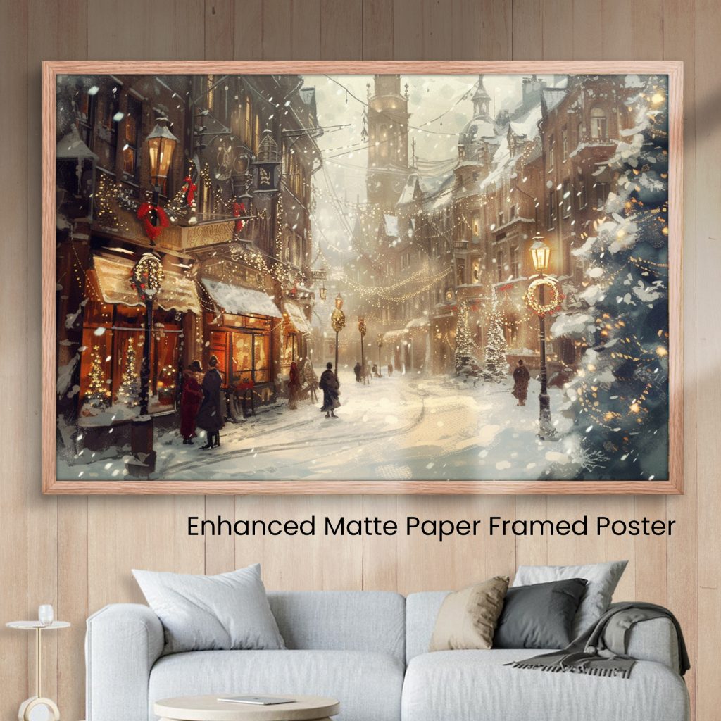 Victorian Christmas Market: Snowy Street with Festive Lights and Decorations Art Print