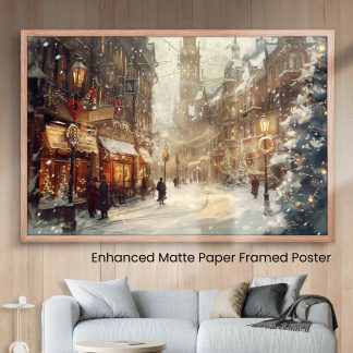 Victorian Christmas Market: Snowy Street with Festive Lights and Decorations Art Print