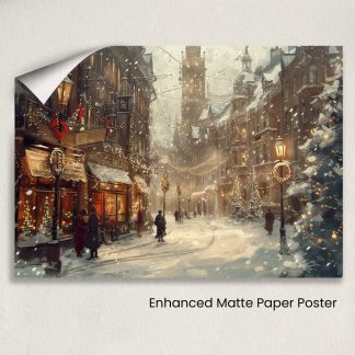Victorian Christmas Market: Snowy Street with Festive Lights and Decorations Art Print