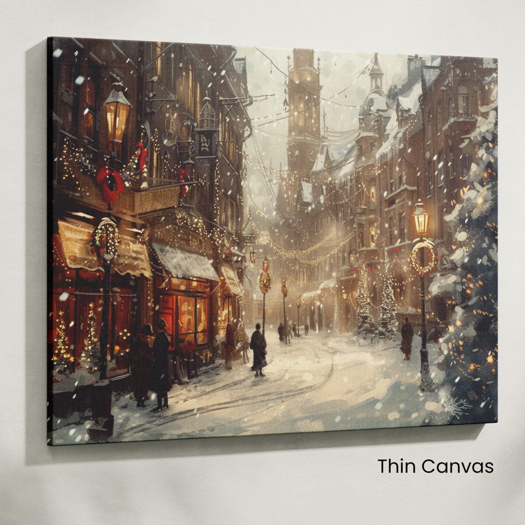 Victorian Christmas Market: Snowy Street with Festive Lights and Decorations Art Print