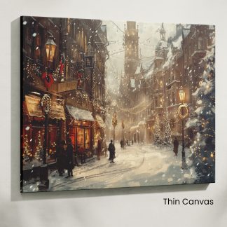 Victorian Christmas Market: Snowy Street with Festive Lights and Decorations Art Print